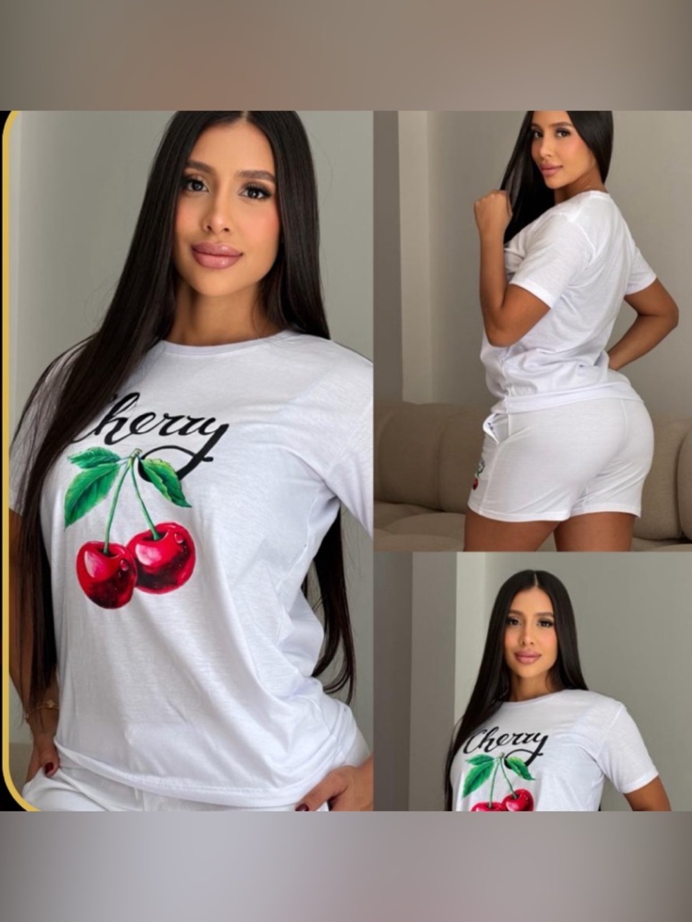 White Cherry Graphic Tee and Shorts Set